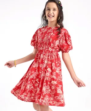 فستان باين كيدز بأكمام نصفية وطباعة زهرية - أحمر