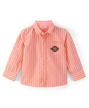 بيبي هاغ قميص نسيج قطني بأكمام كاملة مع جيب مزين بالتطريز وتصميم مخطط - برتقالي