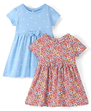 Babyhug 100% Cotton Knit Half Sleeves Frock Floral Print Pack of 2 - Blue & Red