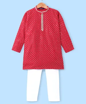 Pine Kids Full Sleeves All Over Sequined Kurta Pyjama Set - Red