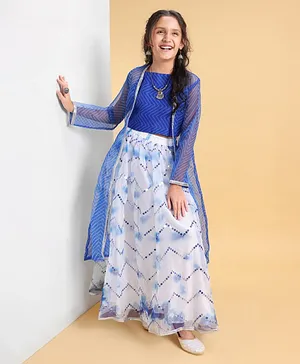 Pine Kids  Full Sleeves Embroidered Choli Lehenga Set with Printed Shrug- Blue