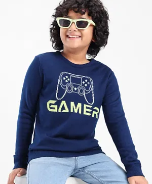 Pine Kids 100% Acrylic Knit Full Sleeves Sweater Gamer Design - Blue