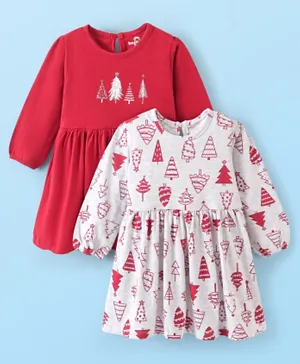 Doodle Poodle 2 Pack 100% Cotton Knit Full Sleeves Trees Printed Frock - Red & Grey