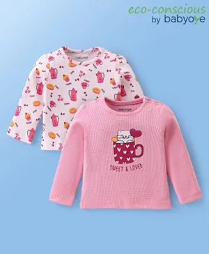 Babyoye 2 Pack Eco Conscious 100% Cotton Knit Full Sleeves Donuts & Kitty Printed Tops - Pink & White