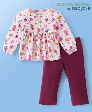 Babyoye Eco Conscious 100% Cotton Full Sleeves Top & Legging Set With Cupcake Print - White & Purple