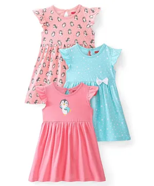 Babyhug 100% Cotton Knit Short Sleeves Frock With Penguin Print Pack Of 3 - Pink Peach & Blue
