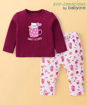 Babyoye 100% Cotton Eco Conscious Full Sleeves T-Shirts & Lounge Pant With Kitty Print - Maroon & White