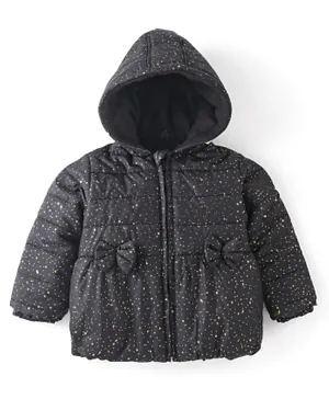 Babyhug Woven Full Sleeves Jacket With Hood & Bow Applique - Black