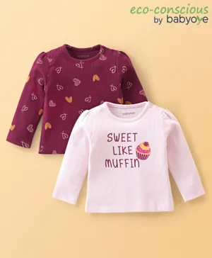 Babyoye 2 Pack Eco Conscious 100% Cotton Knit Full Sleeves Muffins & Heart Printed T-Shirt - Maroon & Pink