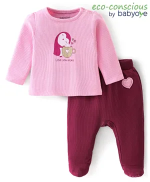Babyoye Eco Conscious 100% Cotton Knit Full Sleeves Top and Bootie Leggings Set Heart Print - Pink & Maroon