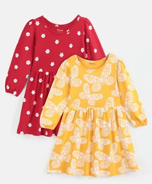 Honeyhap 2 Pack Premium Cotton Jersey Full Sleeves Frocks with Bio Finish Butterfly & Polka Dot Print - Red & Yellow