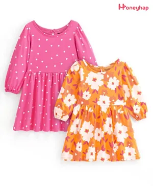 Honeyhap 2 Pack Cotton Jersey With Bio Finish Full Sleeves Frocks Floral & Heart Print - Multicolor