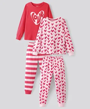 Primo Gino 100% Cotton Knit Full Sleeves Night Suits Stripes & Heart Print Pack of 2 - Pink & Red