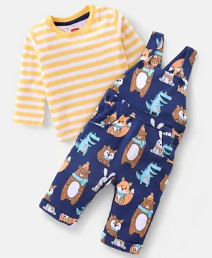 Babyhug 100% Cotton Knit Bear Print Dungaree with Full Sleeves Stripe Inner Tee - Yellow & Blue