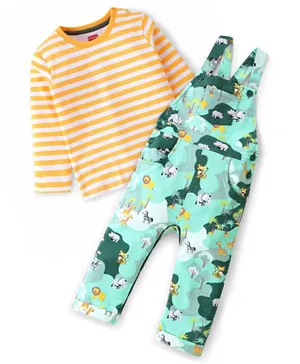 Babyhug 100% Cotton Knit Full Sleeves Inner Tee with Jungle Theme Printed  Dungaree - Orange Green