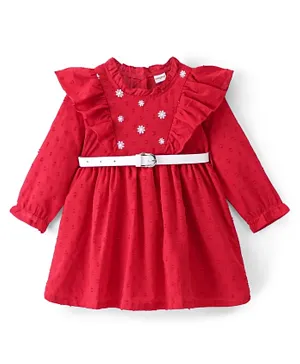 Babyhug Cotton Full Sleeves Swiss Dot Floral Embroidered Frock with Belt - Red