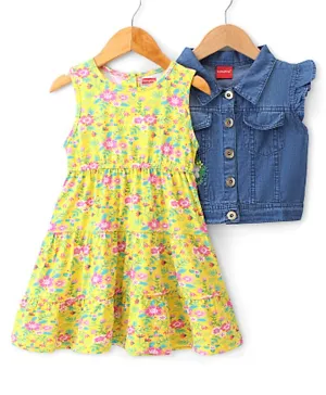 Babyhug 100% Cotton Knit Floral Printed Frock with Short Sleeves Denim Jacket - Yellow & Blue