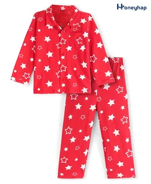 Honeyhap Premium Cotton With Bio Finish Full Sleeves Night Suit With Star Print - Red