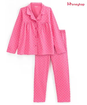 Honeyhap Premium 100% Cotton Knit With Bio Finish Full Sleeves Night Suit With Dots Print - Hot Pink