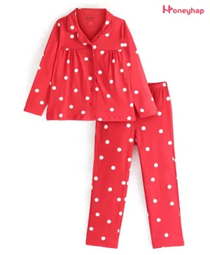 Honeyhap Premium 100% Cotton Knit With Bio Finish Full Sleeves Night Suit With Dots Print - High Risk Red