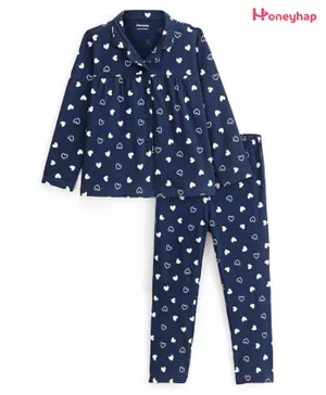 Honeyhap Premium 100% Cotton Knit With Bio Finish Full Sleeves Night Suit With Heart Print - Navy Blue