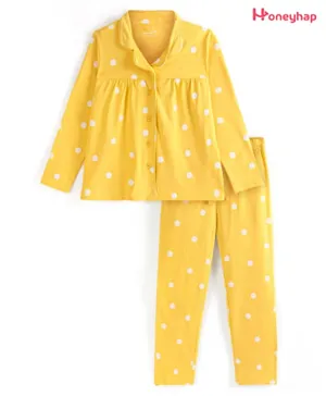 Honeyhap Premium 100% Cotton Knit With Bio Finish Full Sleeves Night Suit With Dots Print - Old Gold