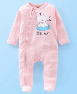 Babyhug Cotton Interlock Full Sleeves Footed Sleepsuit Elephant Print - Peach