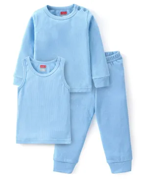Babyhug Cotton Full Sleeves Thermal Wear Pullover Vest & Pant Set - Blue