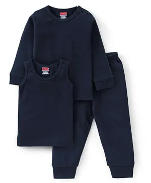 Babyhug Full Sleeves Solid Thermal Vest  with Sando & Pajama - Dark Navy Blue