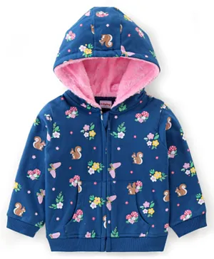 Babyhug Cotton Knit Full Sleeves Hooded Sweat Jacket With Floral Print - Navy Blue