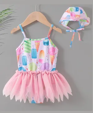 Babyhug Sleeveless Frock Swimsuit Ice Cream Print - Pink