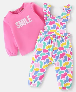 Babyhug Single Jersey Knit Dungaree Set With Full Sleeves Tee Text Print - Multicolour