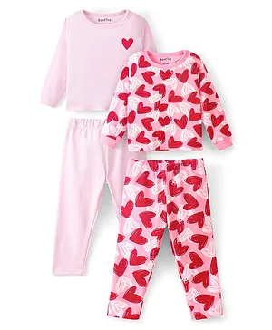 Bonfino 100% Cotton Knit Full Sleeves Night Suit Heart Print Pack of 2 - Pink