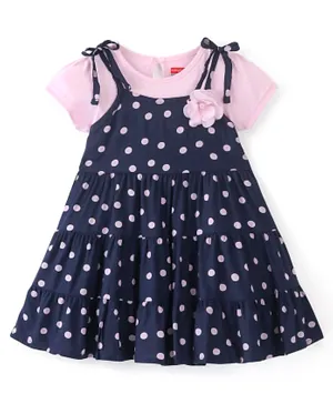 Babyhug Rayon Half Sleeves Inner Tee Frock with Frock & Floral Applique - Navy Blue