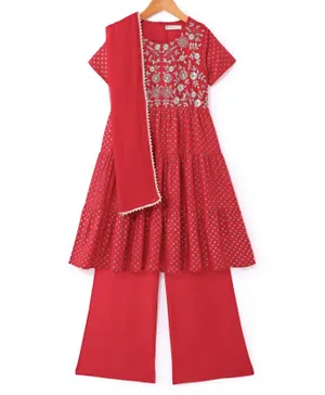 Earthy Touch 100% Cotton Full Sleeves Embroidered Kurti with Salwar & Dupatta Set - Brick Red