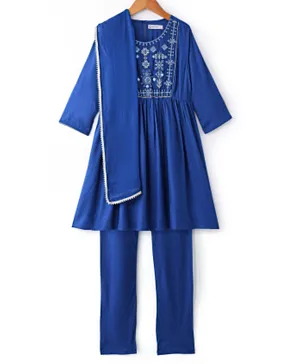إيرثي تاتش قميص كورتي مطرز بأكمام طويلة من القطن 100% مع سروال سلوار ودوباتا - أزرق