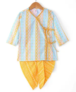 Babyhug 100% Cotton Knit Full Sleeves Bandhani Printed & Sequenced Kurta & Dhoti Set - Yellow