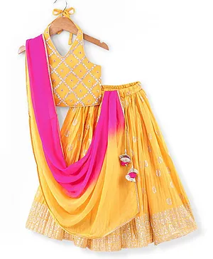 Babyhug Sleeveless Embrodered Choli with Foil Printed Pleated Lehenga and Dupatta - Mustard