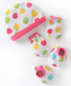 Babyhug 100% Cotton Interlock Knit Cap Mitten & Booties Strawberry Print - Pink & White