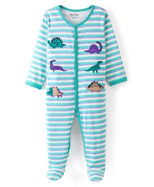 Bonfino 100% Cotton Knit Full Sleeves Footed Sleep Suits With Dino Embroidery & Striped - Blue