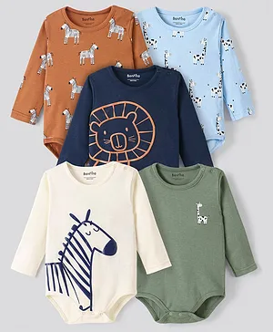 Bonfino 100% Cotton Full Sleeves Onesies Animals Print Pack of 5 - Green Navy Blue Brown & Off White