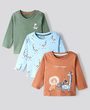 Bonfino 100% Cotton Full Sleeves T-Shirts Giraffe Printed Pack of 3  - Green Blue & Brown