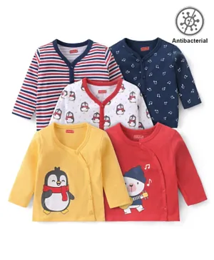 Babyhug 100% Cotton Knit Full Sleeves Antibacterial Vests Stripes & Penguin Print Pack of 5 - Multicolour