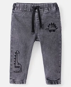 Bonfino Cotton Elastane Denim Full Length Jeans With Dino Embroidery Detailing- Grey