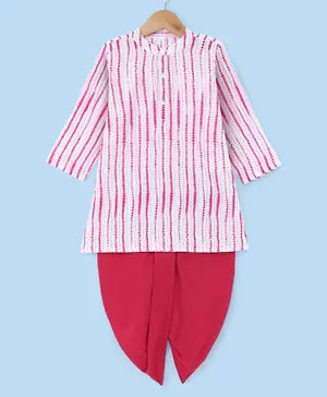 Babyhug 100% Cotton Full Sleeves Bandhani Printed Kurta Dhoti Set - White & Pink