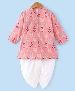 Babyhug Cotton Woven Full Sleeves Floral Printed Kurta & Dhoti Set - Pink & White