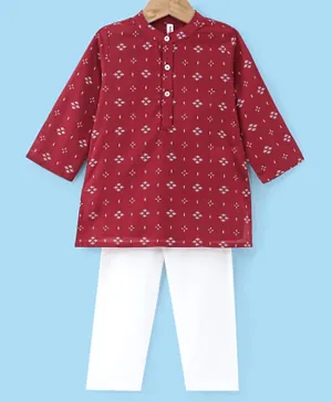 Babyhug 100% Cotton Full Sleeves Floral Printed Kurta Pyjama Set - Maroon