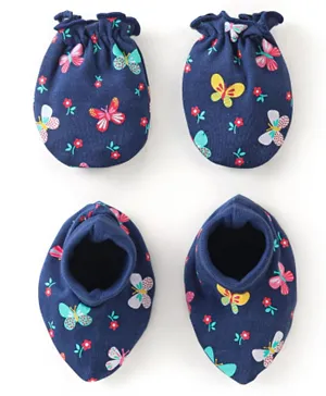 Babyhug Interlock 100% Cotton Knit Mittens & Booties Butterfly Print - Navy Blue