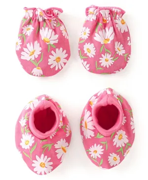 Babyhug Interlock 100% Cotton Knit Mittens & Booties Floral Print - Pink