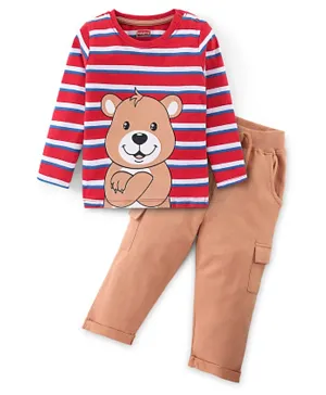 Babyhug 100% Cotton Knit to Knit Full Sleeves Stripes  T-Shirt and  Trouser-Maroon & Brown